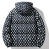 Giacca invernale imbottita in cotone con stampa completa del marchio Boom invernale. Cappotto corto con cappuccio allentato