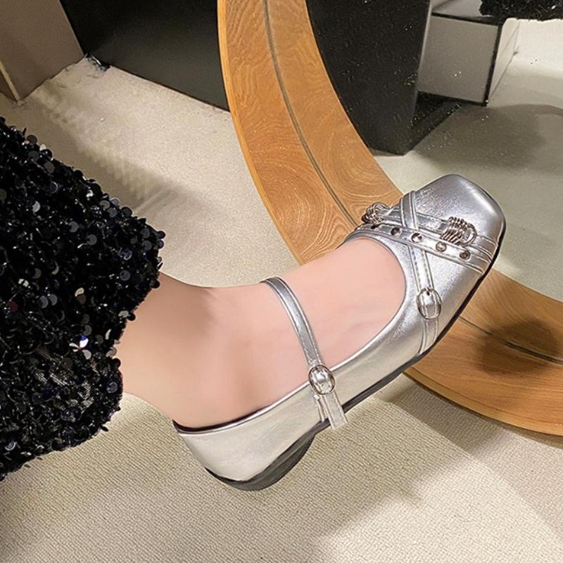 Fashion Low Heel Single Shoes Women's Square Toe Shallow Mouth Metal Buckle One Slip Anti-Slip Wear-Resistant Low Top Shoes