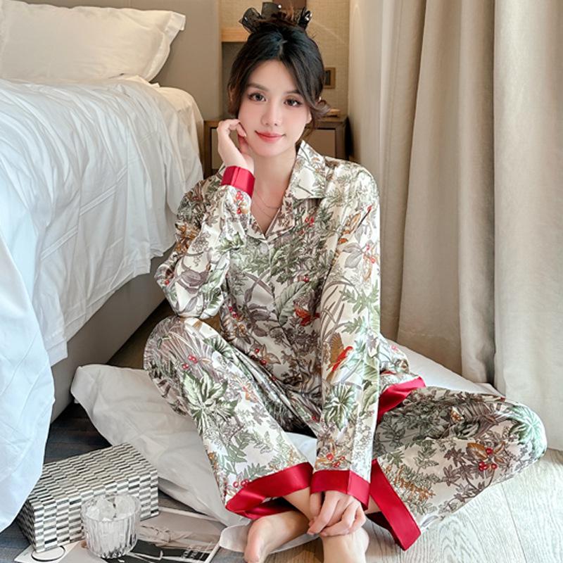 Ice Silk Women's Mori Style Long Sleeve & Pants Floral Pajama Set