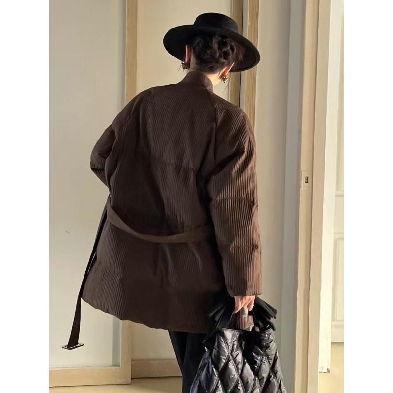 Korean Style V-neck Belted Down Jacket for Women In Autumn and Winter New Style