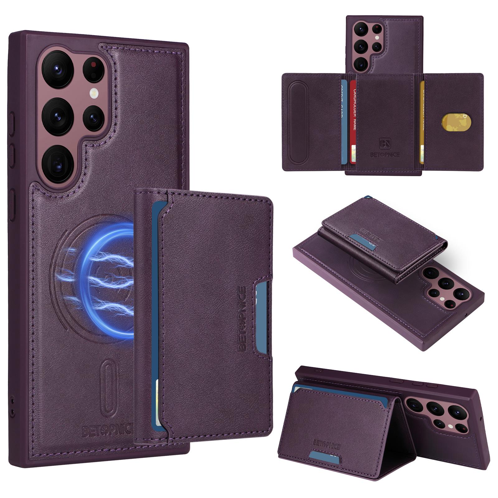 

For Samsung Galaxy S22 Ultra 5G Magnetic Case BETOPNICE Leather Phone Cover Kickstand with Detachable Card Bag Purple