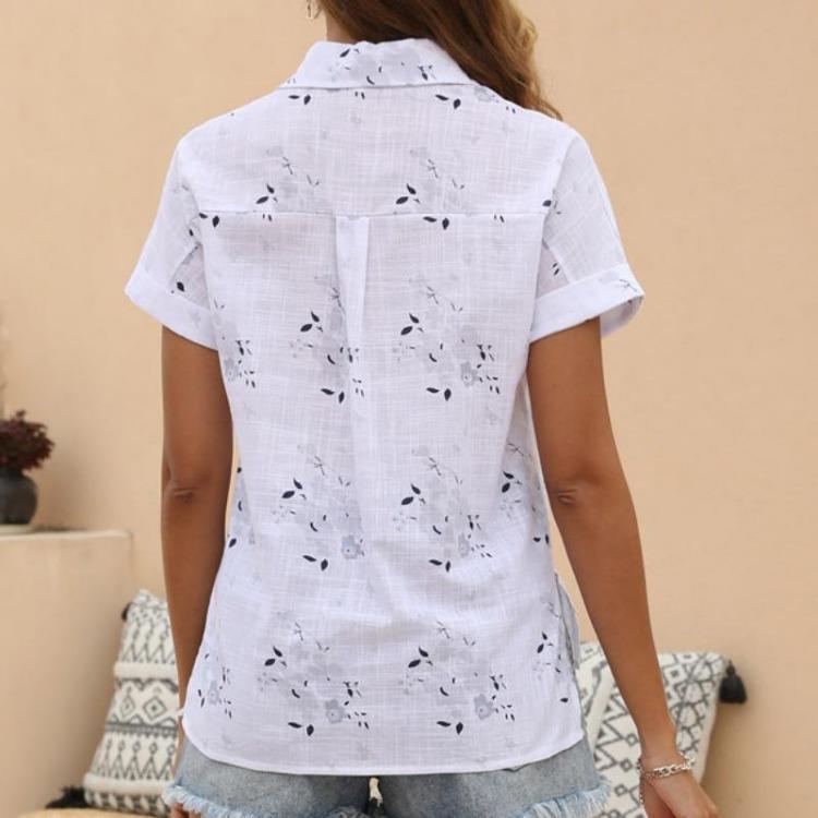 Summer Women Floral Print Short Sleeve Cotton Linen Blouse Turn Down Collar Single Breasted Tops White Yellow Blue Casual Shirt