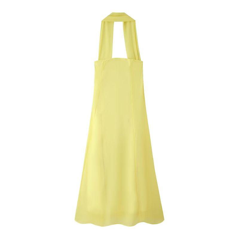 

Kaslead New Women clothes Western Style Fashion Temperament Simple Scarf Collar Tube Top Chiffon Dress Yellow L