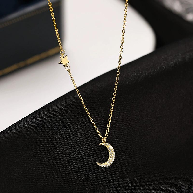 14K Gold Plated Necklaces for Women -s925 Sterling Silver Dainty Diamond Moon and Star Choker Necklace for Girls Fine Jewelry