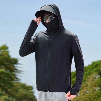 Yousheng Men Sunscreen Jacket Hooded Long Sleeve Zipper Placket Sun Protection Clothing Solid Color Breathable Fishing Outerwear