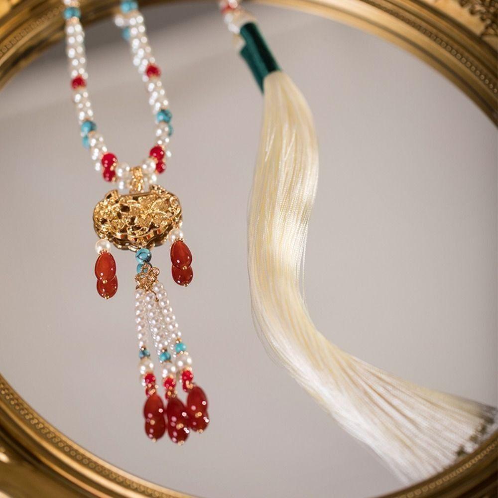 Style Ethnique Collier Jupe Visage de Cheval Perle Long Collier à Pampilles Collier Style Chinois Hanfu