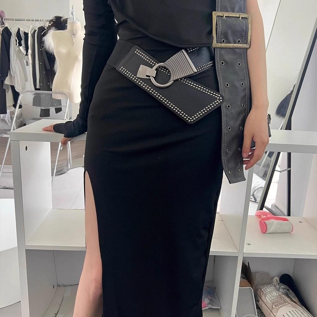 Fashion Decoration Rivet Women Casual Solid Color Elastic Waistband Wide