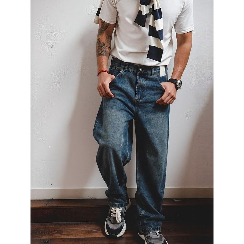 American vintage Cotton Distressed Wide Leg Loose Tapered Jeans Men's Straight Pants Foreign Trade Men's Casual Trousers