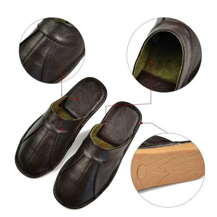 Luxury Cow Split Leather Handmade Men Home Slippers Spring Slip On Soft Comfortable Black Brown Bedroom Indoor Flat Men Shoes