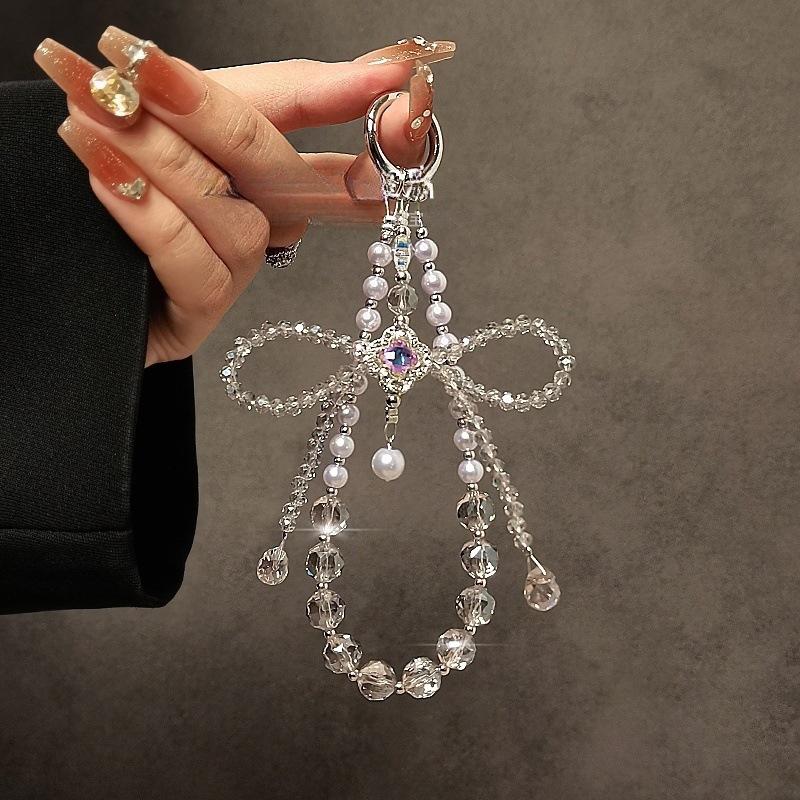 Light Luxury High‑End Four‑Leaf Clover Crystal Mobile Phone Chain, Beaded Bow Pendant Portable Phone Case Pendant Mobile Phone Lanyard