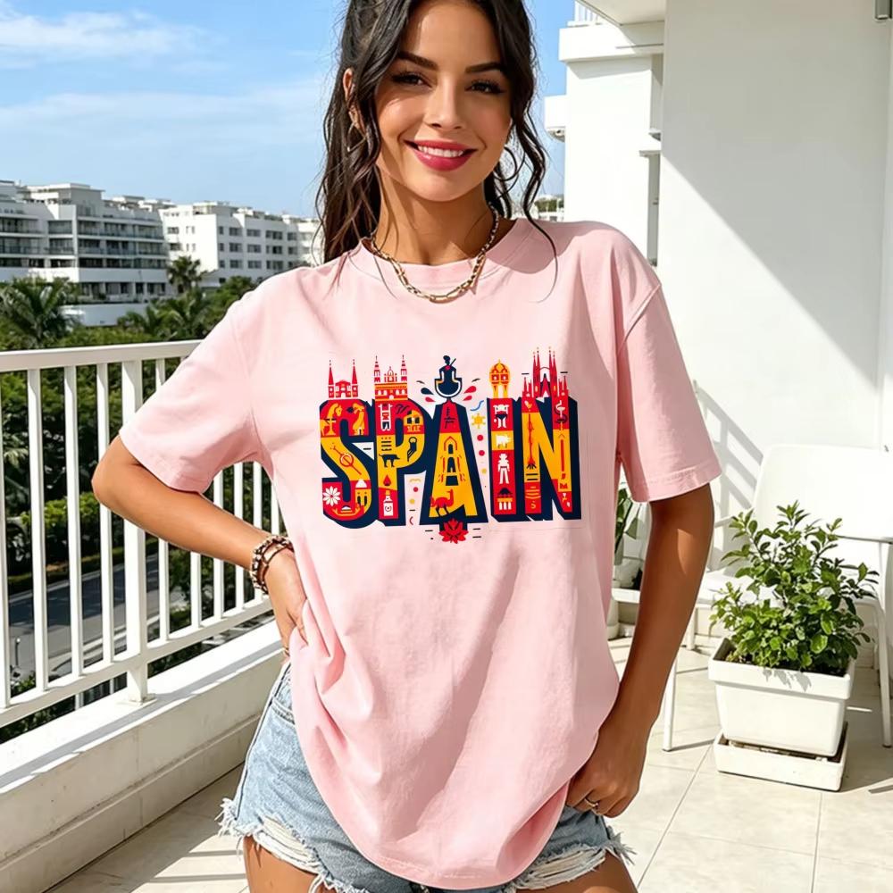 Spain Unisex Cotton Tshirt Landmark Culture Cartoon Fashion Travel Vacation Lounge Tees Patriotic Tshirt Cotton Shortsleeve