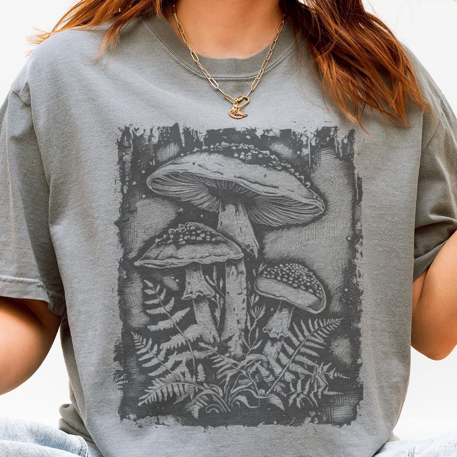 Forest Mushroom Linocut T-Shirt, Botanical Art Unisex Tee 140