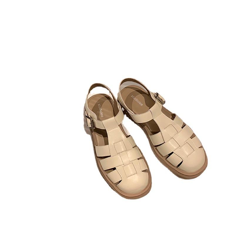 2025 Summer New Roman Sandals Retro Woven Bag Head Thick Heel Thick Sole Retro Flat Roman Sandals Women