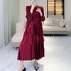 Elegant Red Velvet Beaded Evening Gown for Autumn-Winter Festive Weddings