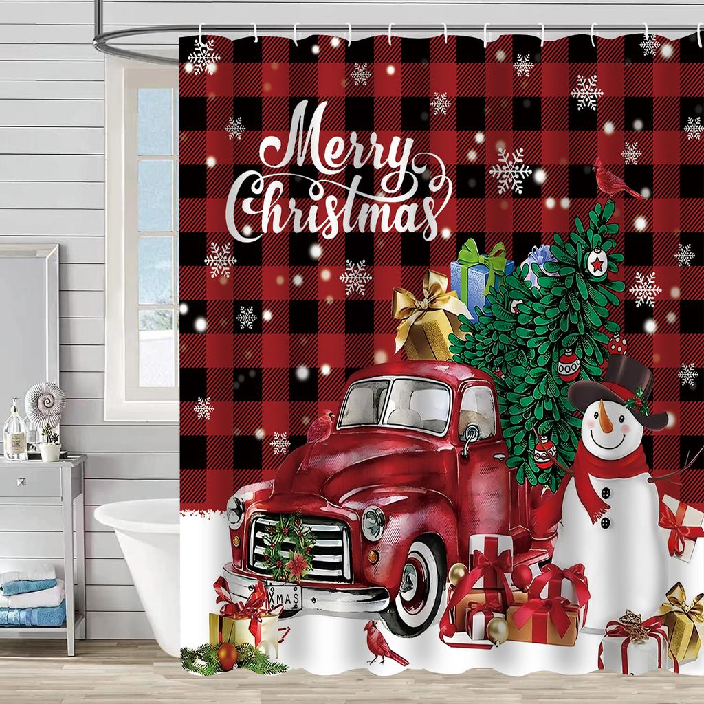 Best-Selling Christmas Digital Print Shower Curtain Waterproof, Includes Plastic C-Shaped Hooks