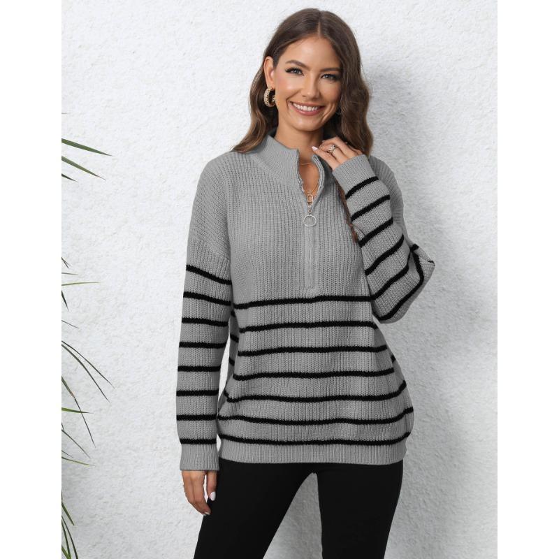 Women's Autumn/Winter Knitted Stripe Patchwork Half High Neck Zip Loose Woven Sweater