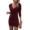 LYRIA Women's Sexy Mini Dresses Spring Autumn V-Neck Long Sleeved Slim Dress Solid Color Pleated Party Dress Vestidos Cortos