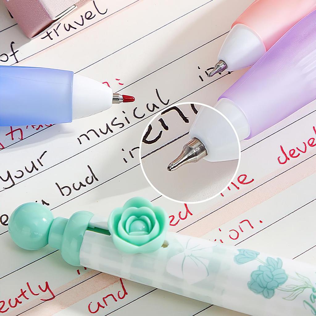 4pcs Lovely Flower Gel Pens Set, Pinch Grip Camellia Floral Pink Bowknot Star Dream Clip 0.5mm Black Color Ink for Writing