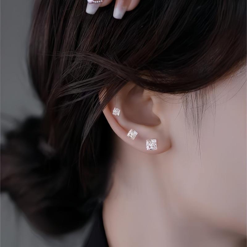 Silver Needle, Sugar Cube, Zircon Ear Studs - Exquisite Mini Style Earrings for Protecting Ear Holes. Water Droplet-shaped Earrings with Diamonds.