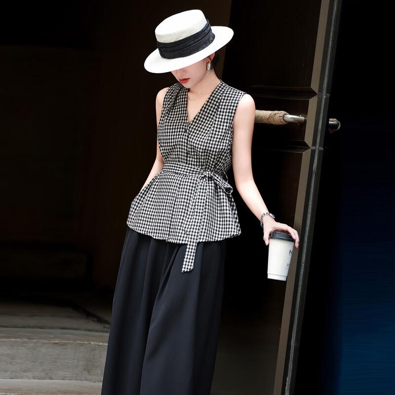 Women s Houndstooth V-Neck Sleeveless Tie-Waist Shirt Top XL