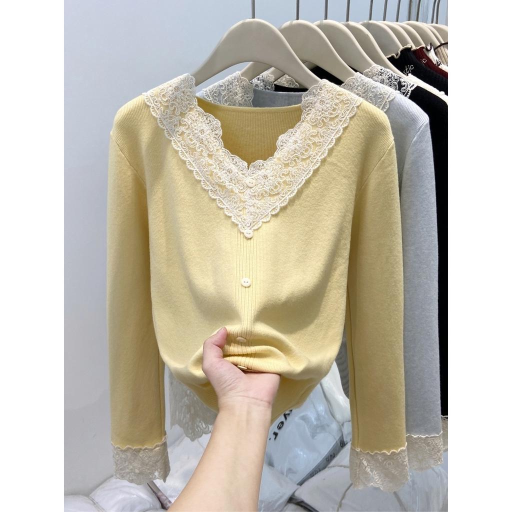 Milk Blue Collar Lace Splicing Knitted Top Women's Spring Sweet Age-reducing Inner Bottoming Sweater