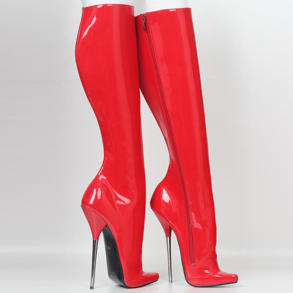 Fashion FHC 2025 New Metal Heel 18CM,Women Knee High Boots,Fetish Ballet Dancing Shoes,Men Cosplay Botas,Side Zip,Red,Customized Color