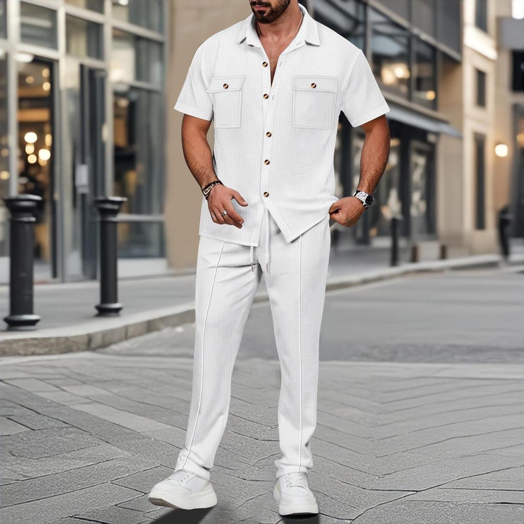 Men's Solid Color Button Pocket Short Sleeve Shirt and Long Pants Two-Piece Set - Summer 2025 Collection