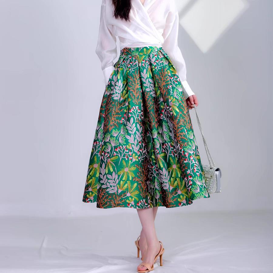 Qooth Summer Floral Skirt Calf Length Stitching Jacquard A Line Skirt Pleated Skirts QT1676