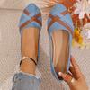 Women's Denim Slip-On Flats, Round Toe Cross Strap Loafers, Plus Size Casual Work Shoes