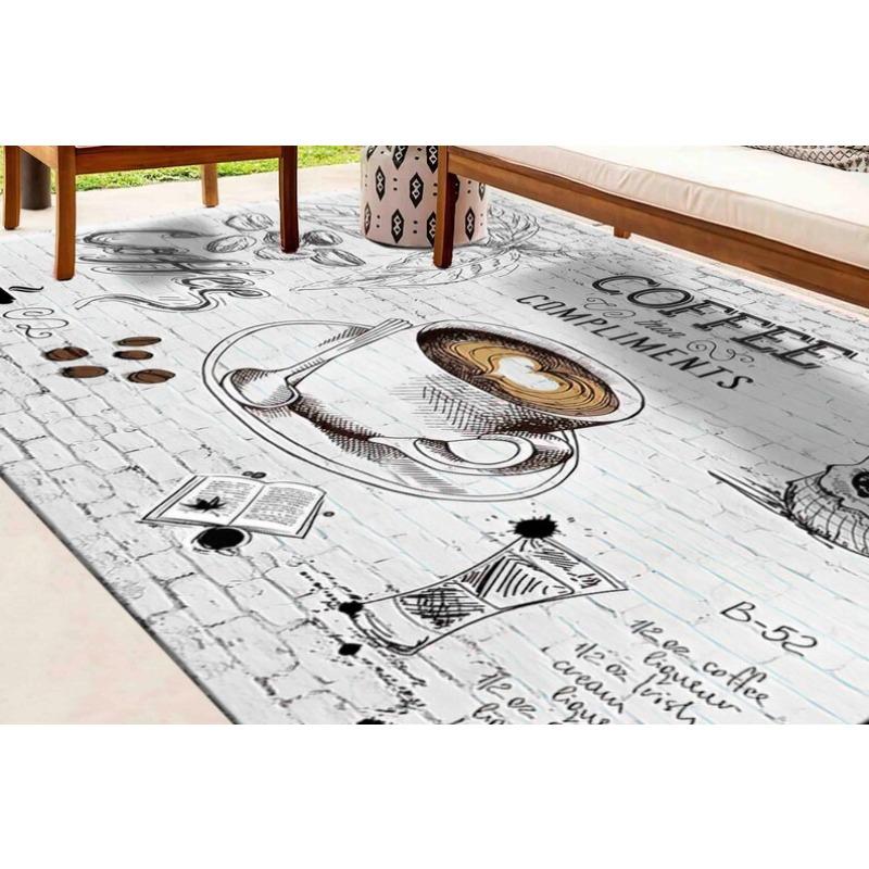 Artistic Sketch Print Coffee Mat Minimalist Line Art Kitchen Rug with Coffee Cup Design Elegant and Simple Non-Slip Floor Decor