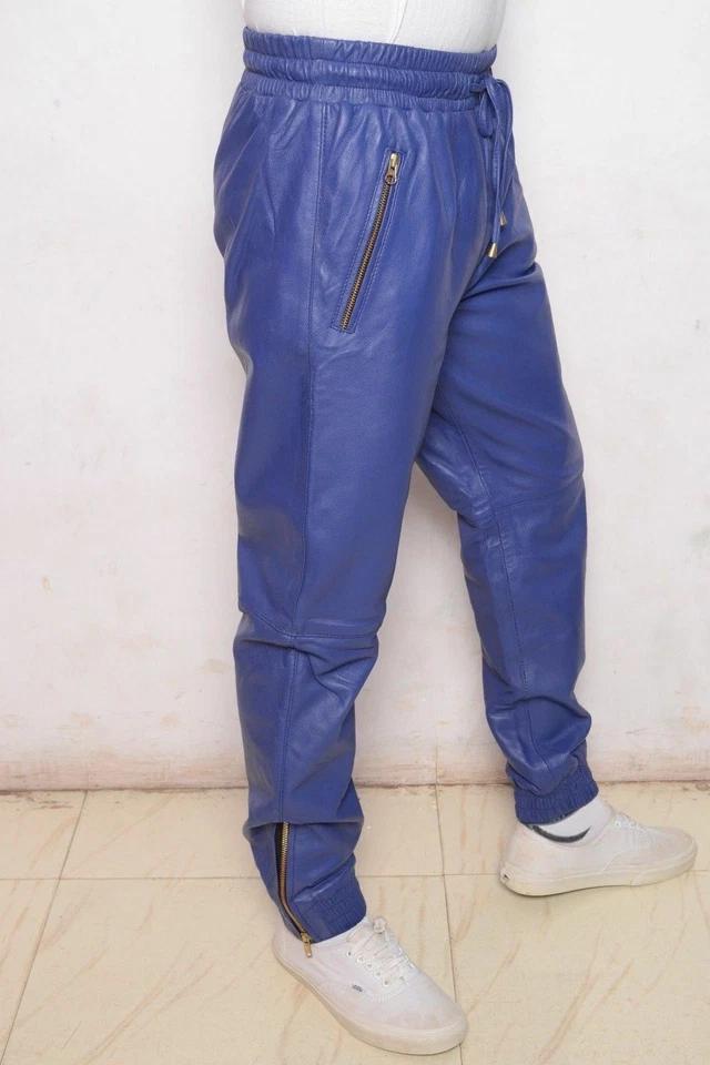 Stylish Trousers Biker Casual Jogger Blue Men's Genuine Lambskin Pant Handmade Leather
