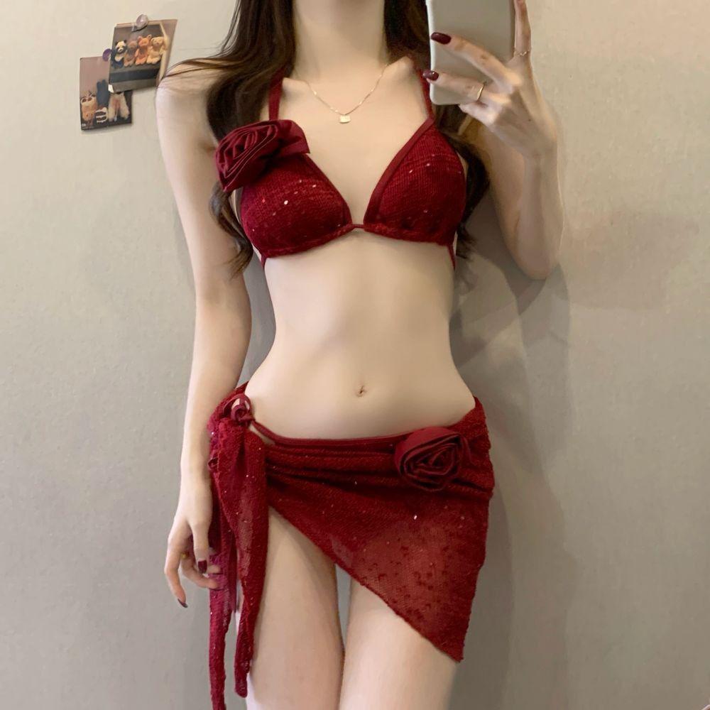 

Сексуальный купальник с разрезом в корейском стиле - Женское бикини высокого класса для вечеринки у бассейна в новых однотонных цветах Large вино красного