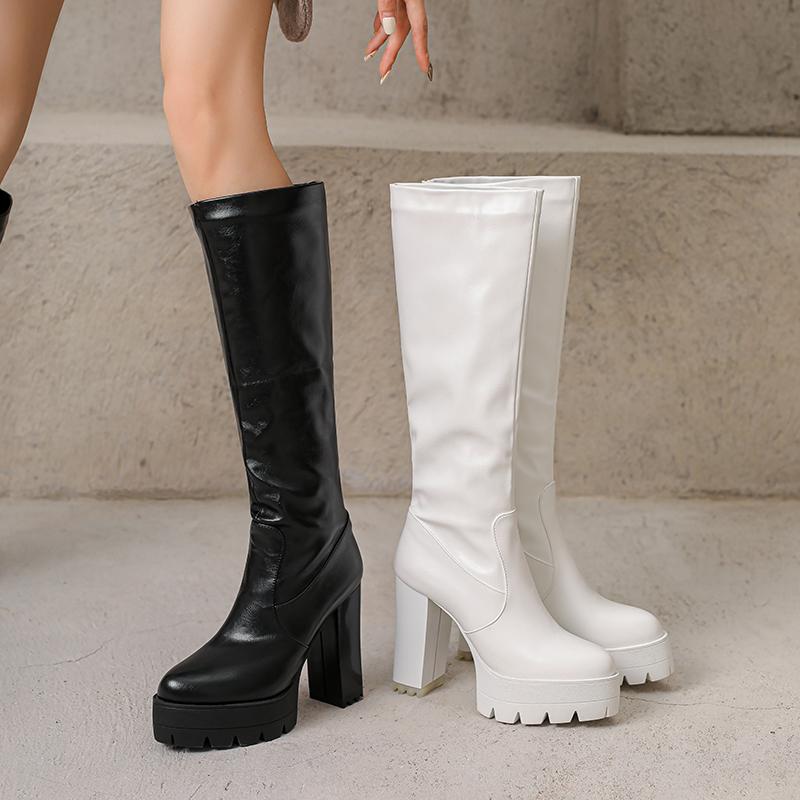 Women's high-heeled boots autumn and winter new waterproof table thick-heeled large-size solid-color medium boots