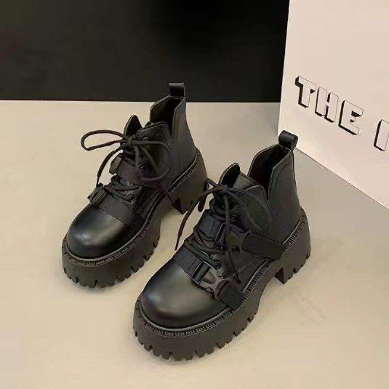 Maillard Short Martin Boots Women's Autumn and Winter Versatile Locomotive Boots Belt Buckle Thick-soled Martin Boots British Style Shows Thin Legs