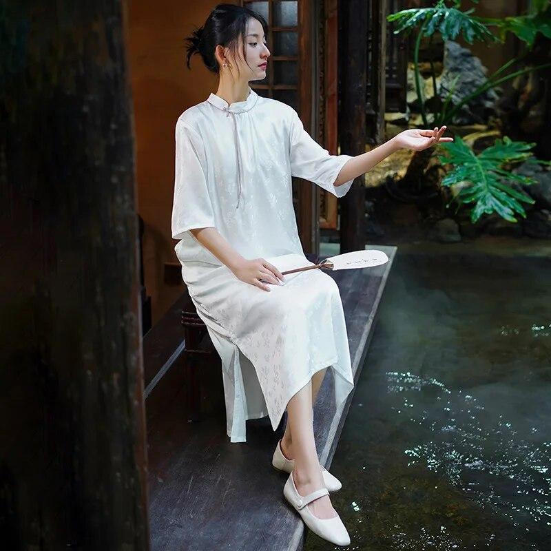 Johnature Women Vintage Stand Dresses Half Sleeve Jacquard Chinese Style Spring Summer A-Line Dress