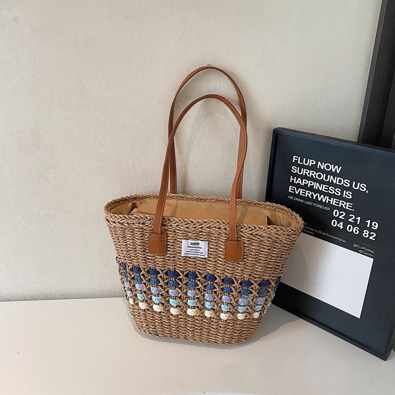 New Woven Shoulder Straw Bag Beach Bag Large Capacity Vegetable Basket Bag Portable Tote Women's Bag