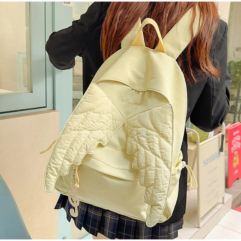Cute Angel Wings Quilted Backpack Fashion Nylon School Bag Stylish Embroidered Pattern Casual Backpack Spacious Daily Travel Bag