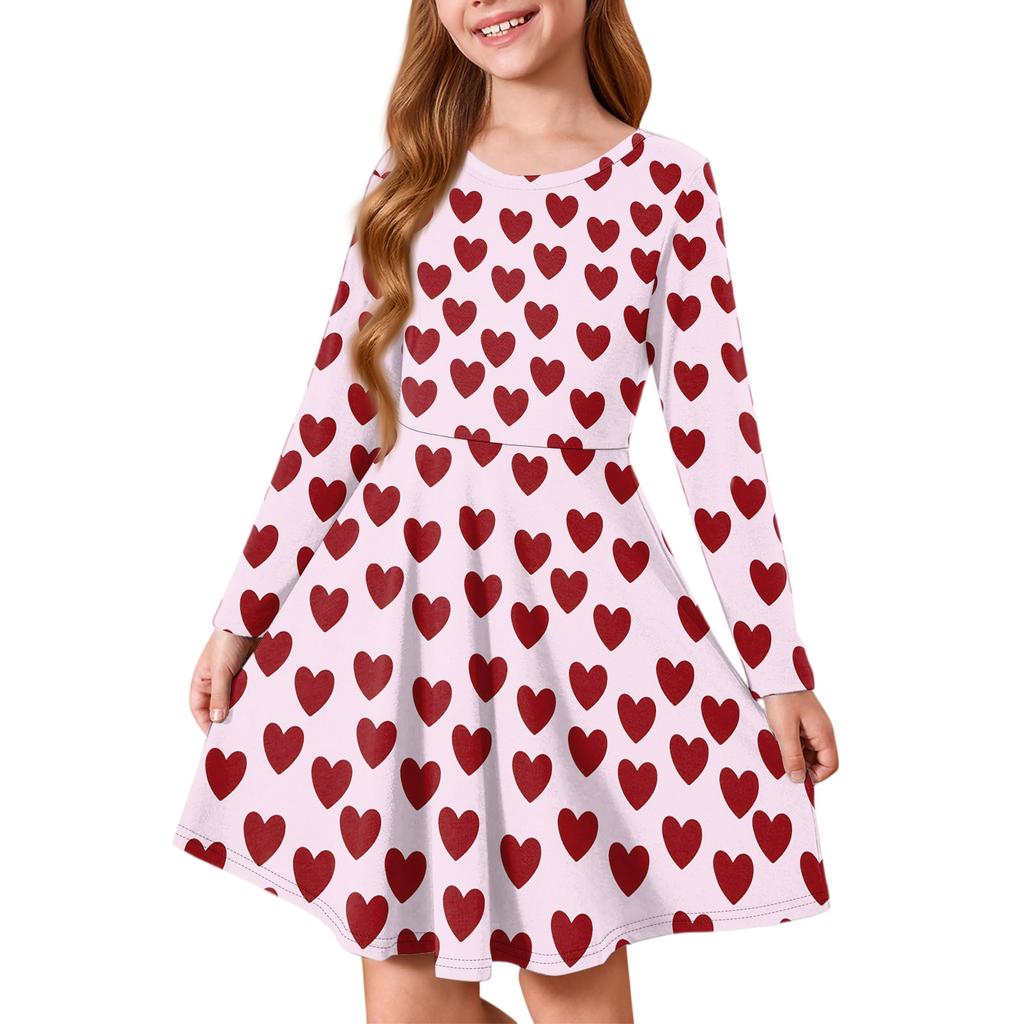 Girls' Summer Princess Dress - Long Sleeve A-Line T-Shirt Dress Valentine's Day
