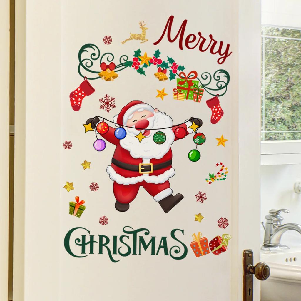 Merry Christmas Stickers Door Window Wall Decoration Cartoon Santa Snowman Xmas Tree Elk Sleigh Wallpaper Festival Room Decor