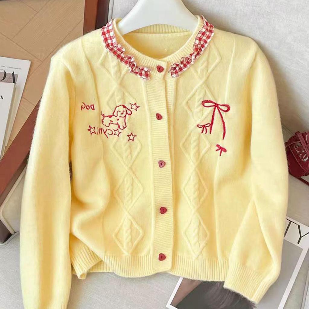 French Embroidered Bow Heart Button Knit Cardigan - Trendy Soft Fluffy Women's Coat for Spring & Autumn.