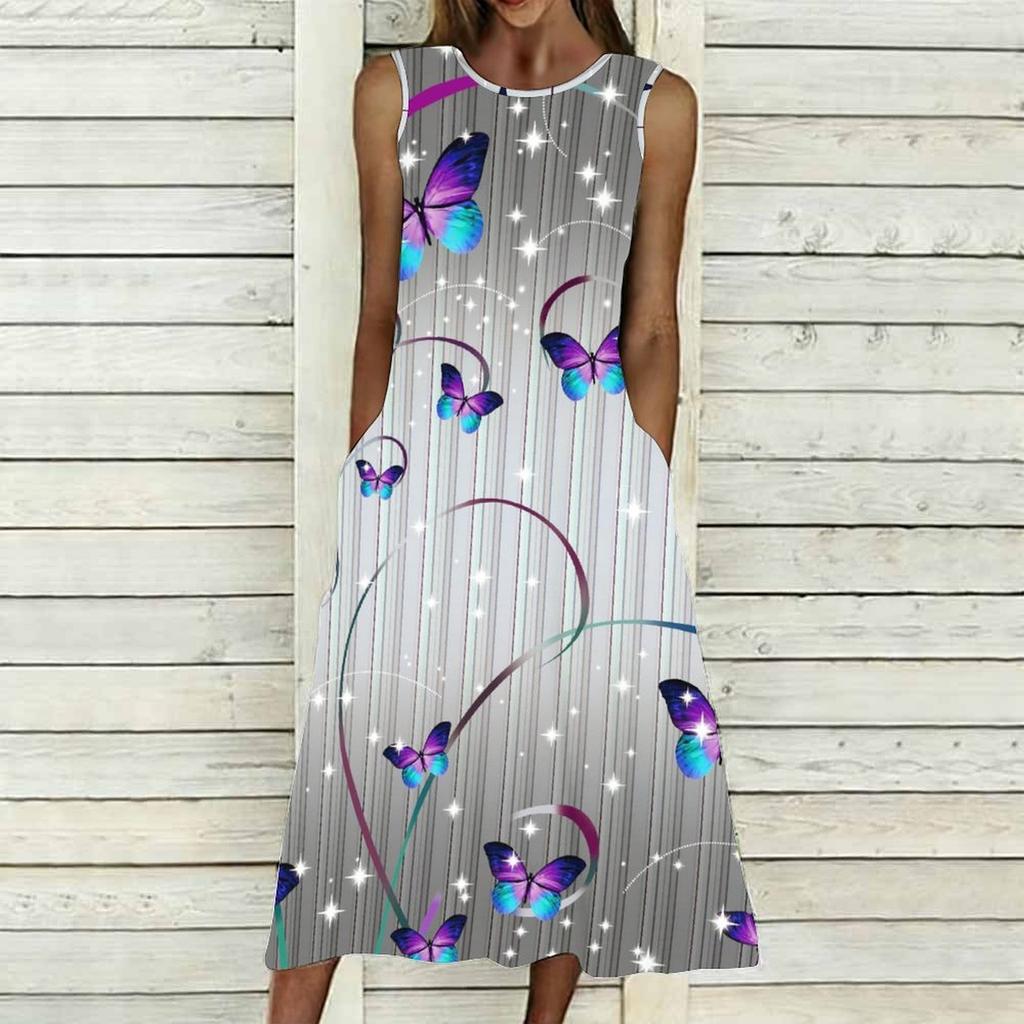 Oversized Sleeveless Round Neck Dress Elegant Clustered Floral Print Knee Length Flowy Dress