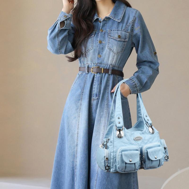 2025 Summer Fashion Blue Shoulder Bags For Women Small Shopper Bag Solid Color Soft Leather Crossbody Handbag Lady Travel Tote Bag