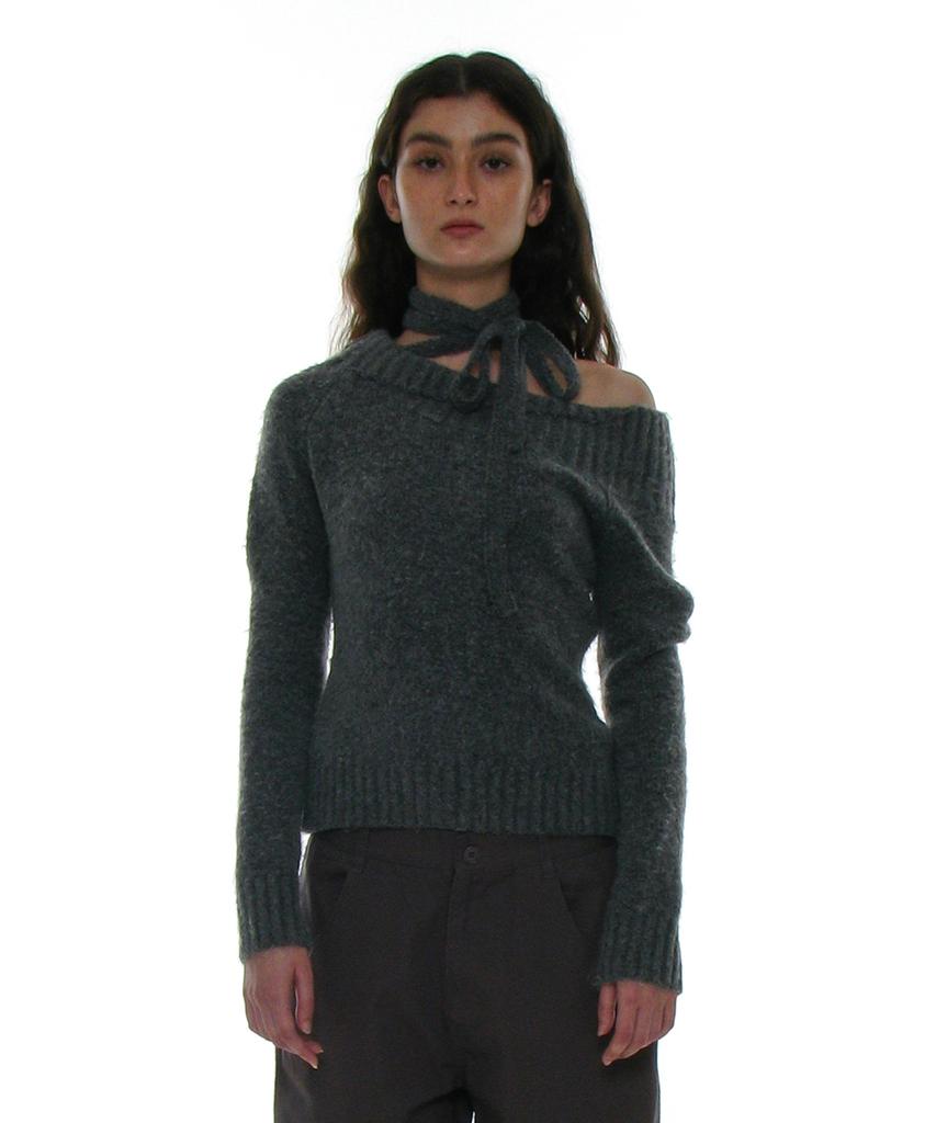 PARTIMENTO WOMEN Tie Neck Strap Asymmetrical Knit Top_Charcoal