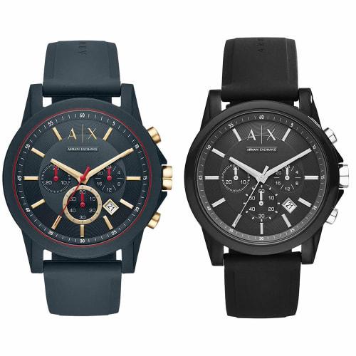 Armani Exchange Pair Watches with Storage Box, Set of 2, Chronograph, Dark Blue and Black Rubber, AX1335 and AX1326