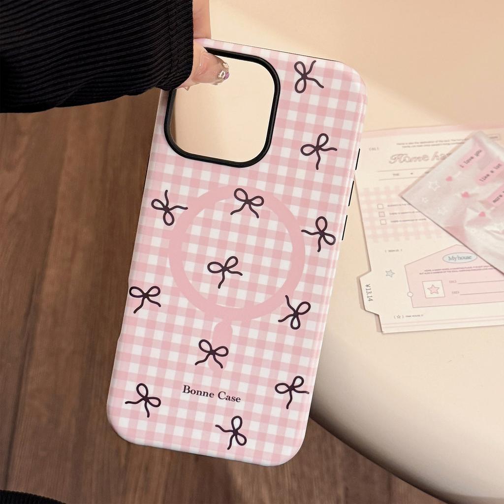 Checked Bow Magnetic Bracket IPhone16promax IPhone Case 14 Suitable for 13 Film 15 Sweet