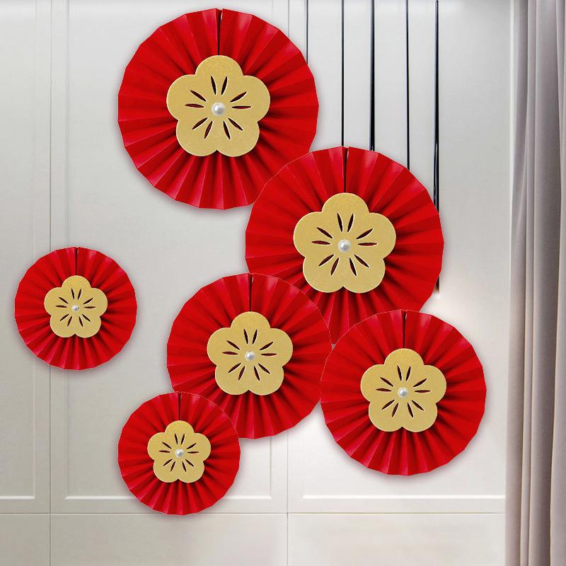 Chinese New Year Paper Fan Decor Chinese Wedding Red Paper Fan Hanging Ornament Crafts  Home Spring Festival Wedding Party Decor