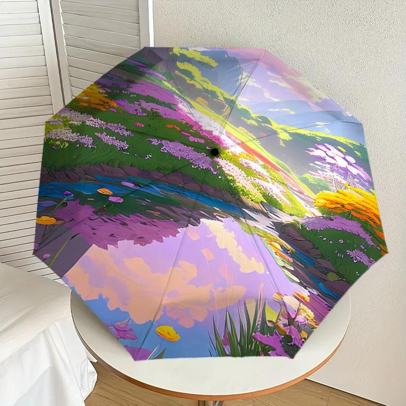 

1pc Serene Valley with Reflections and Flowers Umbrella with Plastic Handle,Suitable for All Seasons Home Travel Outdoor UmbrellaDD563