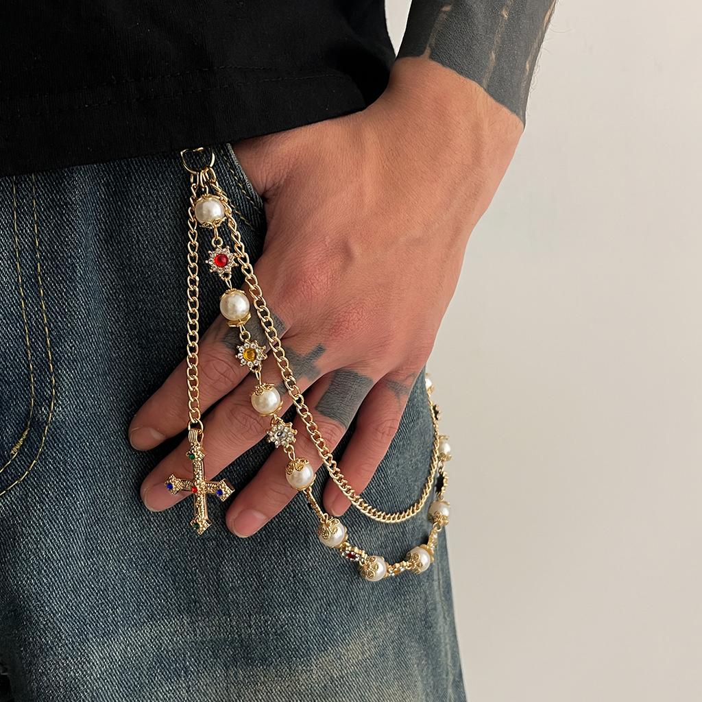Salircon New Exquisite Luxury Cross Pendant Imitation Pearl Keychain Belt Chain Men Punk Trousers Jean Chain HipHop Jewelry Gift