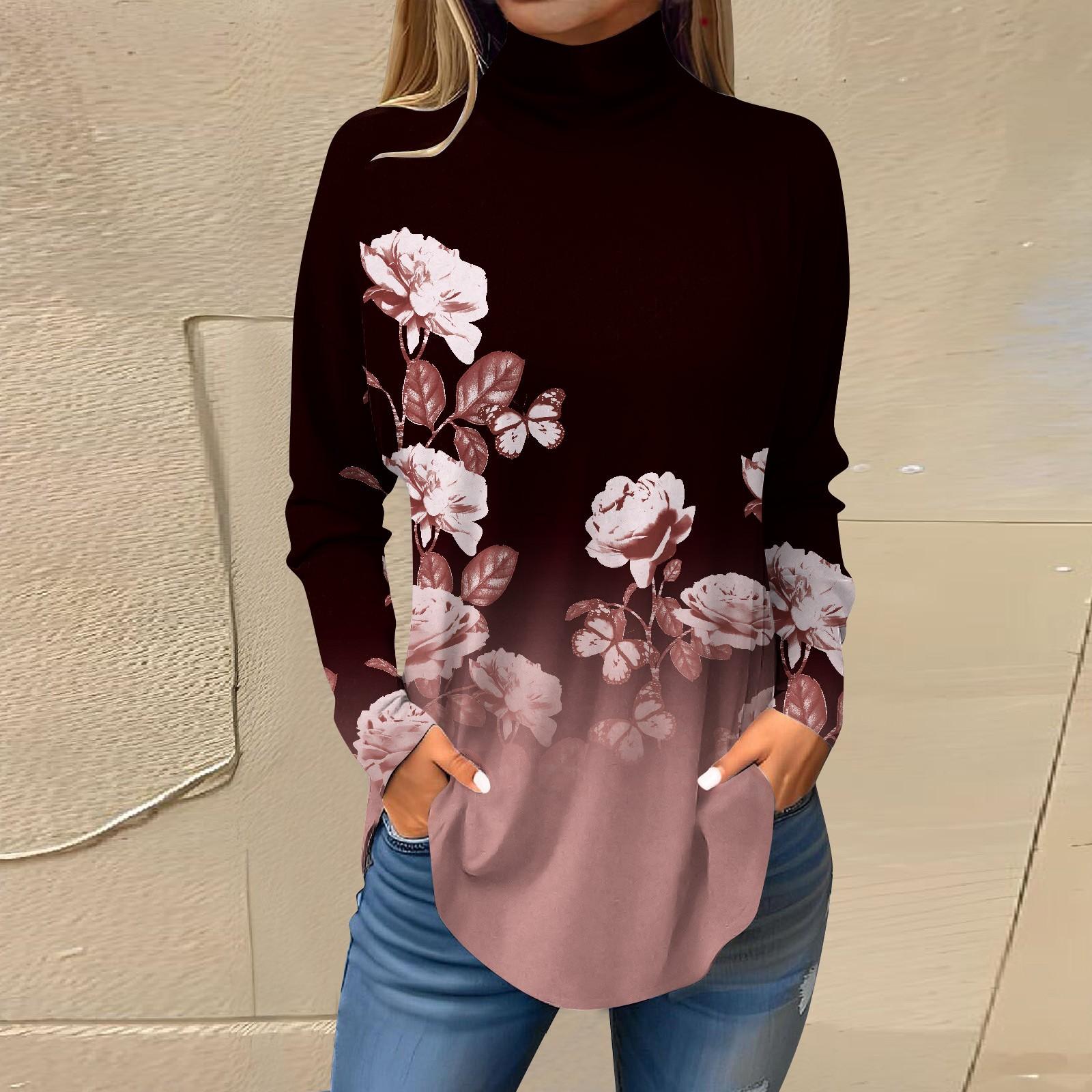 

Футболки для женщин, осенние повседневные рубашки с длинными рукавами, толстовка с винтажным принтом, топ с высоким воротом, пуловер XXXL