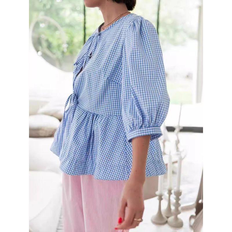 European and American Women clothes Top Fashion Stripe Patchwork Shirts Lazy Plaid Top Women